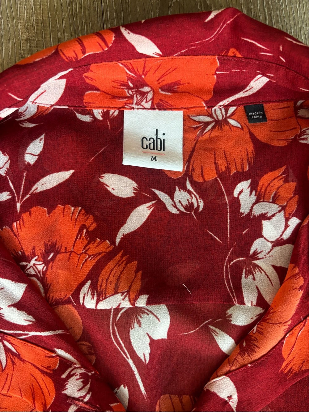 CAbi Sheer Red and Orange Floral Long-Sleeve Top